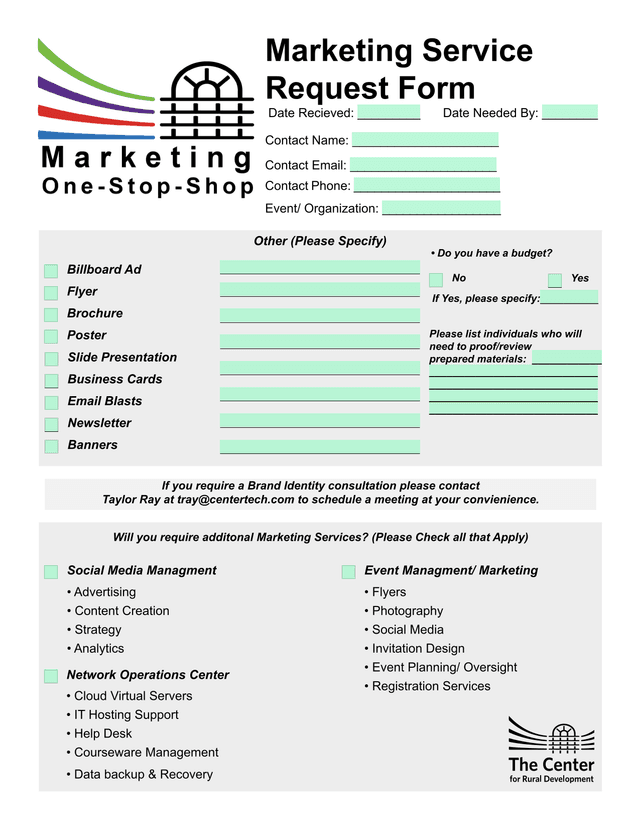 Marketing Service Request Form screenshot
