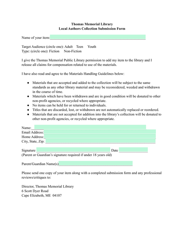 Thomas Memorial Library Local Authors Collection Submission Form screenshot