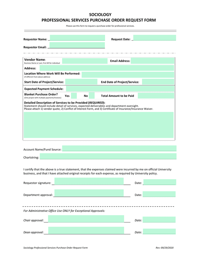 Sociology Professional Services Purchase Order Request Form screenshot