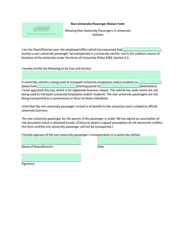 Non University Passenger Waiver Form screenshot