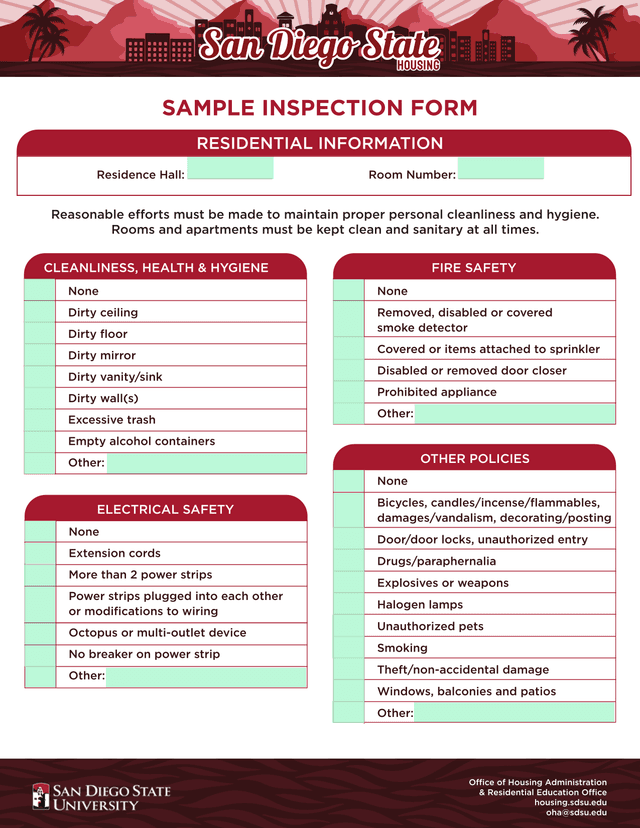 Residential Information Sample Inspection Form screenshot