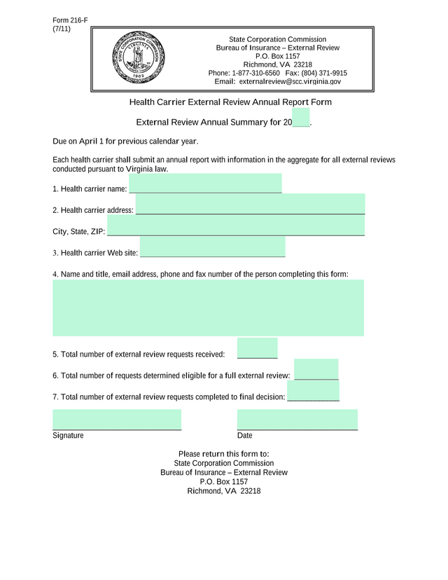 Form 216 F Health Carrier External Review Annual Report Form screenshot