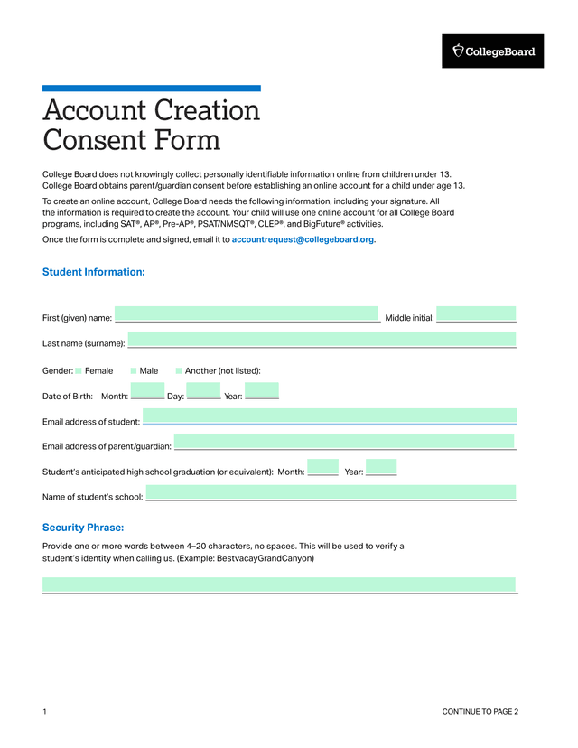 Account Creation Consent Form screenshot