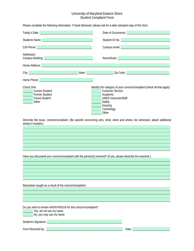 University Of Maryland Eastern Shore Student Complaint Form screenshot