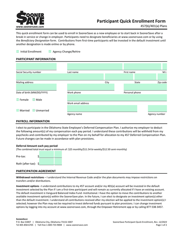 SoonerSave Participant Quick Enrollment Form screenshot