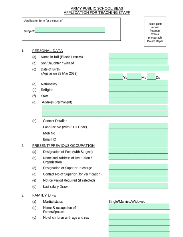 Army Public School Beas Teaching Staff Application screenshot