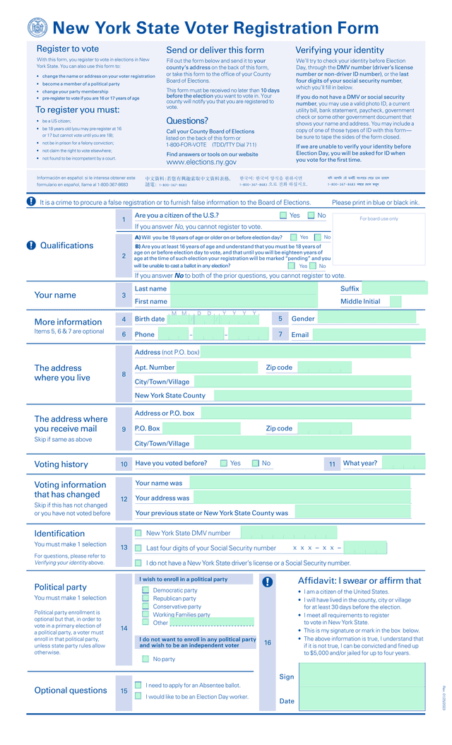 New York State Voter Registration Form screenshot