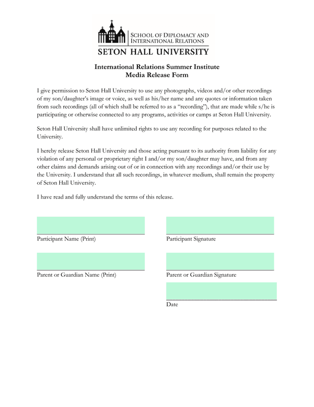 International Relations Summer Institute Media Release Form screenshot