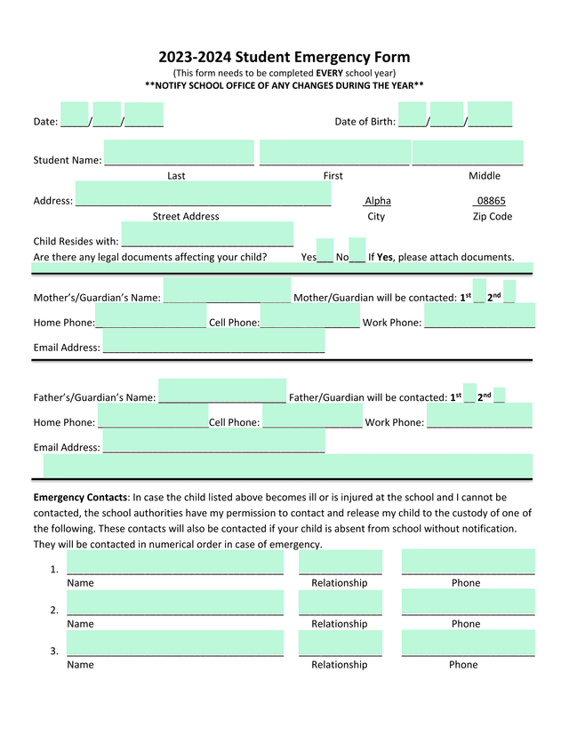 2023 2024 Student Emergency Form screenshot