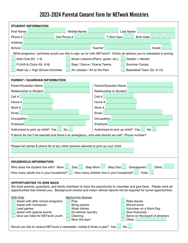 2023 2024 Parental Consent Form For NETwork Ministries screenshot