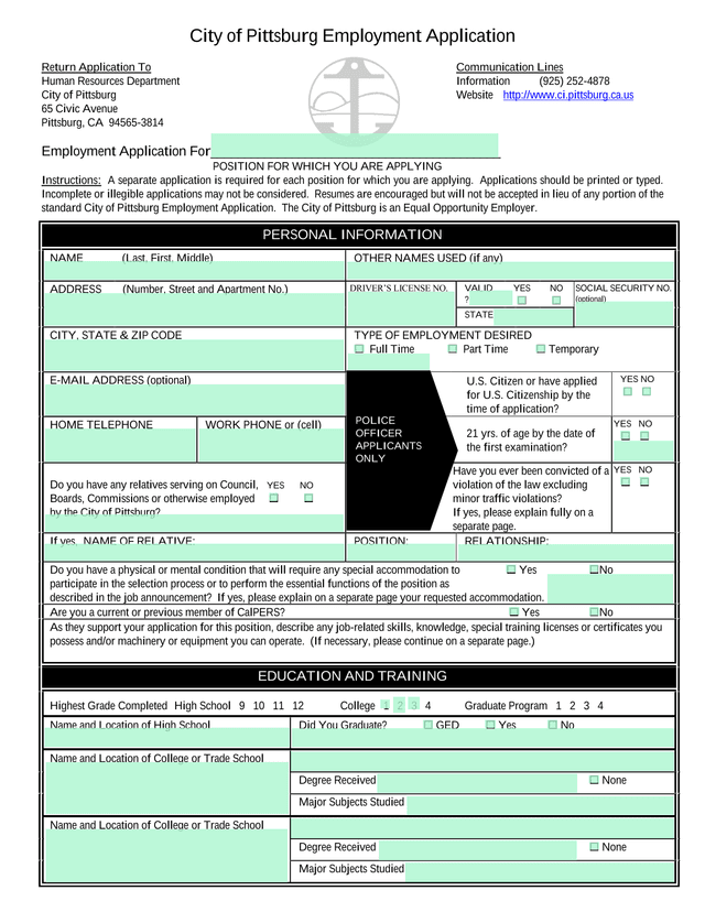City Of Pittsburg Employment Application screenshot