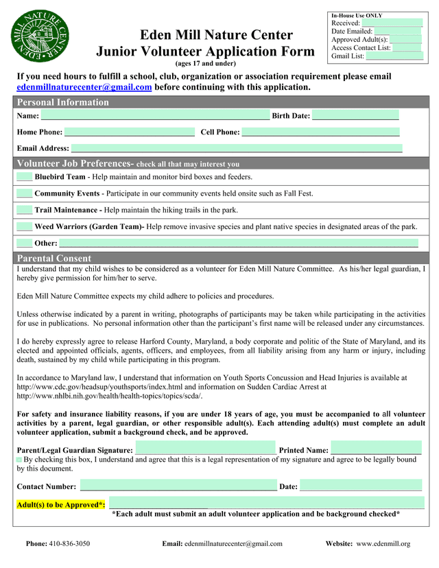 Junior Volunteer Application Form screenshot
