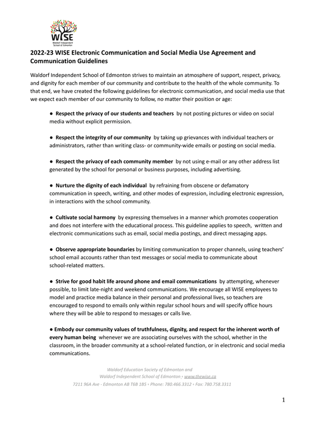 2022 23 WISE Electronic Communication And Social Media Use Agreement And Communication Guidelines screenshot