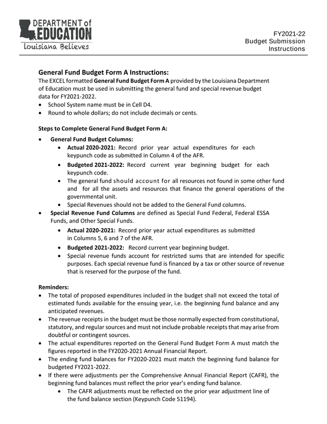 General Fund Budget Form A Instructions screenshot