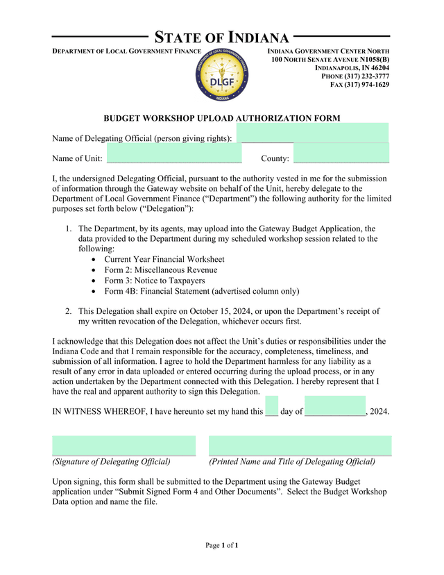 Budget Workshop Upload Authorization Form screenshot