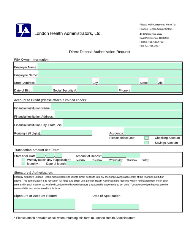 Direct Deposit Authorization Request screenshot