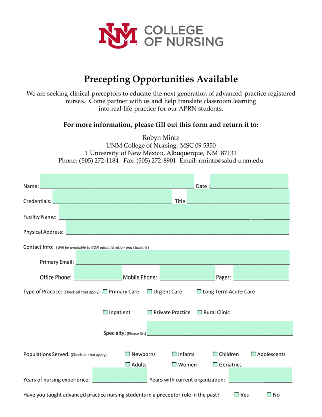Preceptor Information Form screenshot