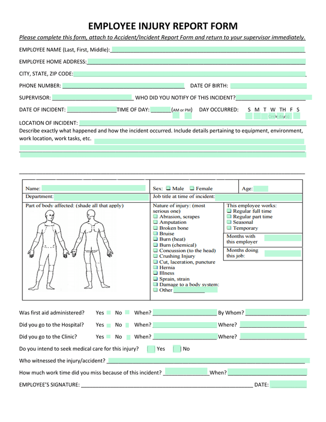Employee Injury Report Form screenshot