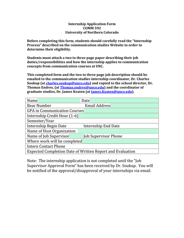 Internship Application Form COMM 592 screenshot