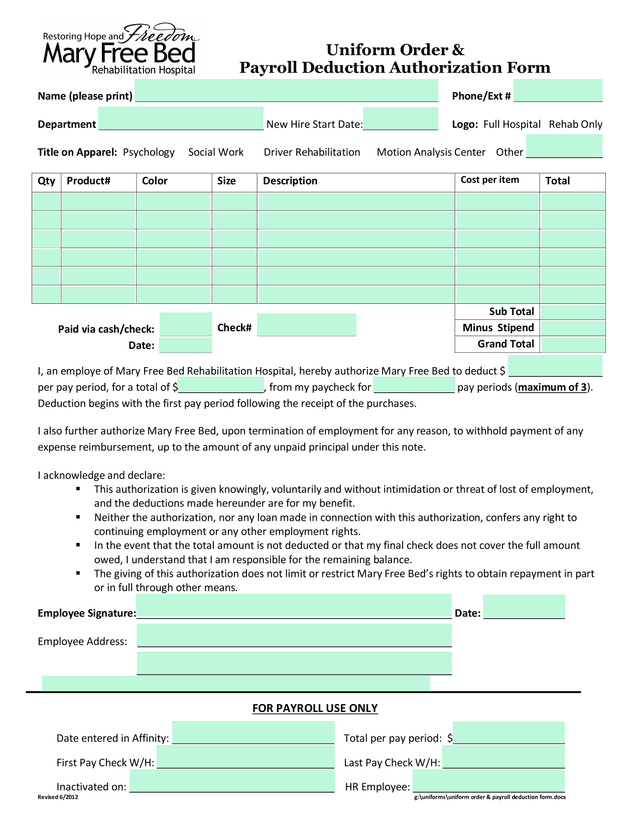 Uniform Order  Payroll Deduction Authorization Form screenshot