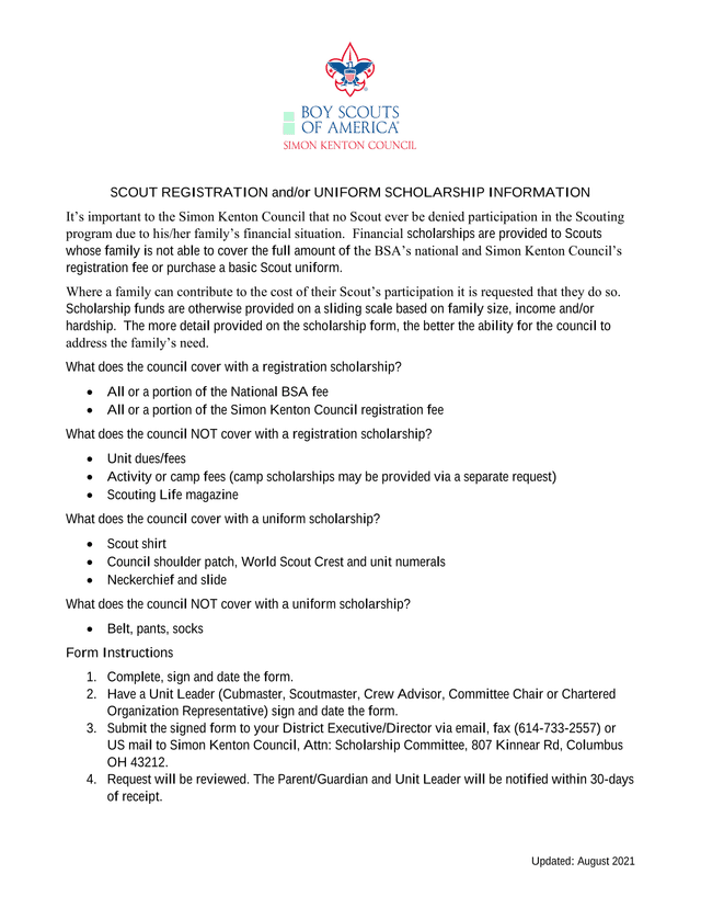 SCOUT REGISTRATION AndOr UNIFORM SCHOLARSHIP INFORMATION screenshot