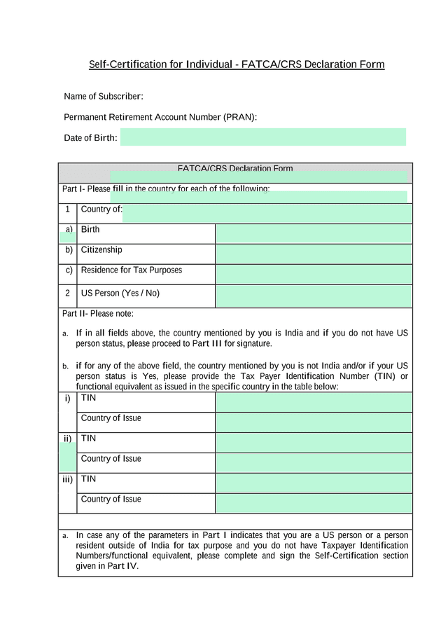 Self Certification For Individual   FATCACRS Declaration Form screenshot