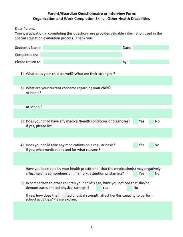 ParentGuardian Questionnaire Or Interview Form Organization And Work Completion Skills   Other Healt screenshot