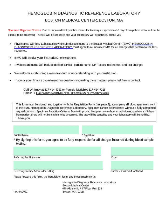 Hemoglobin Diagnostic Reference Laboratory Requisition Form screenshot