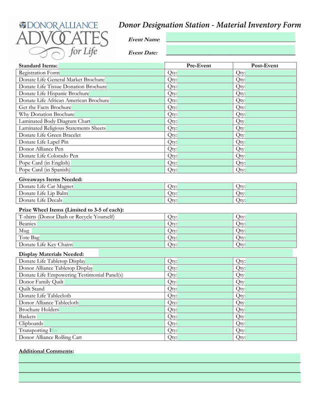 Donate Life Event Materials Order Form screenshot
