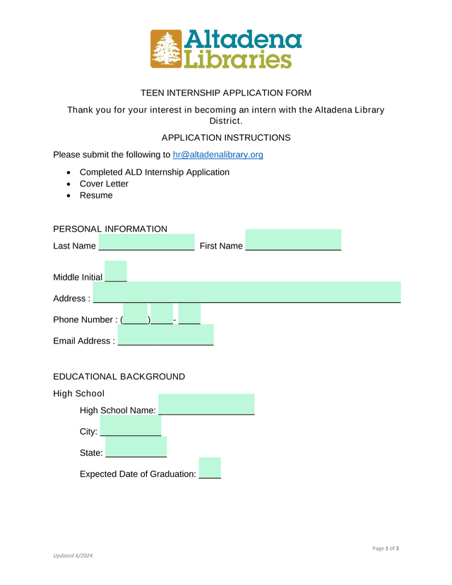TEEN INTERNSHIP APPLICATION FORM screenshot