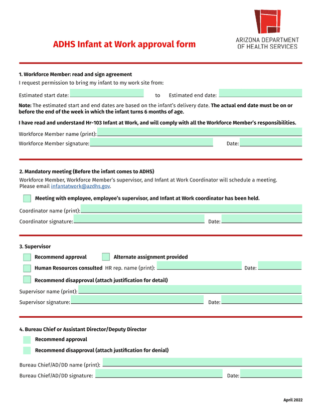 ADHS Infant At Work Approval Form screenshot