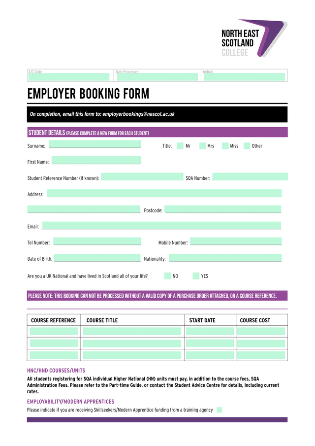 Employer Booking Form screenshot