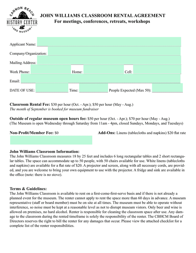 John Williams Classroom Rental Agreement screenshot