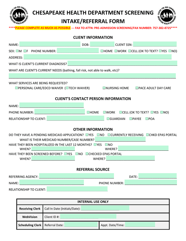 CHESAPEAKE HEALTH DEPARTMENT SCREENING INTAKEREFERRAL FORM screenshot