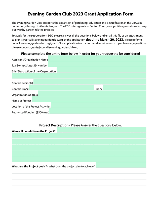 Evening Garden Club 2023 Grant Application Form screenshot