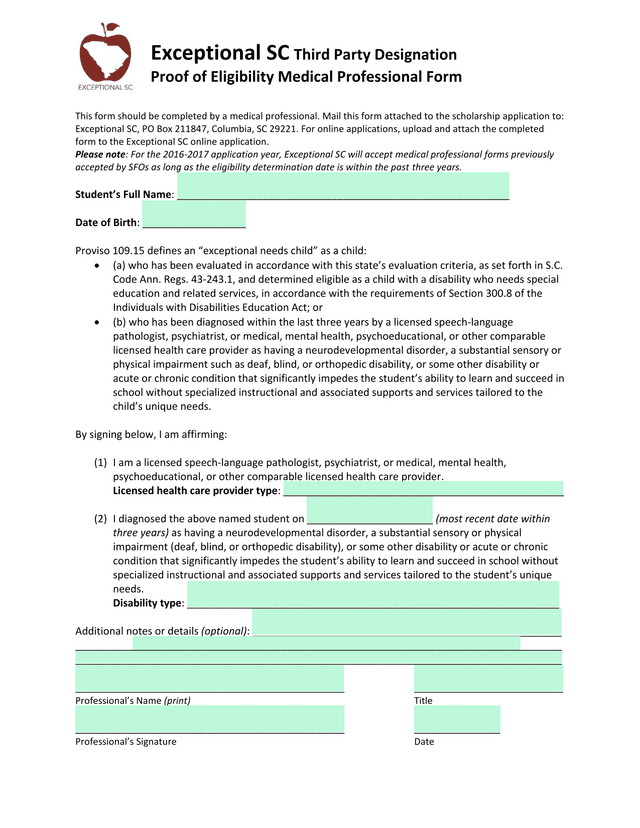 Exceptional SC Third Party Designation Proof Of Eligibility Medical Professional Form screenshot