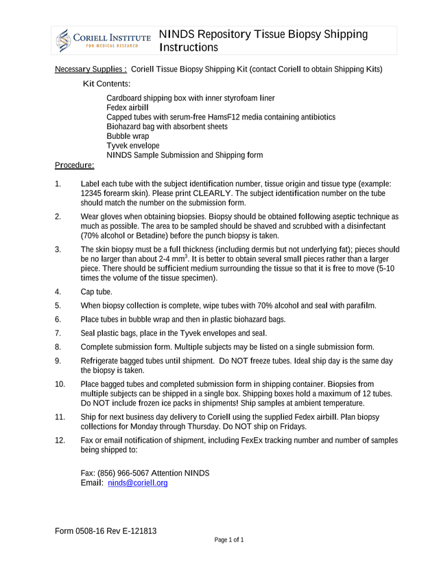 NINDS Repository Tissue Biopsy Shipping Instructions screenshot