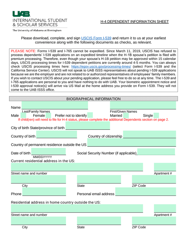 H 4 Dependent Information Sheet screenshot