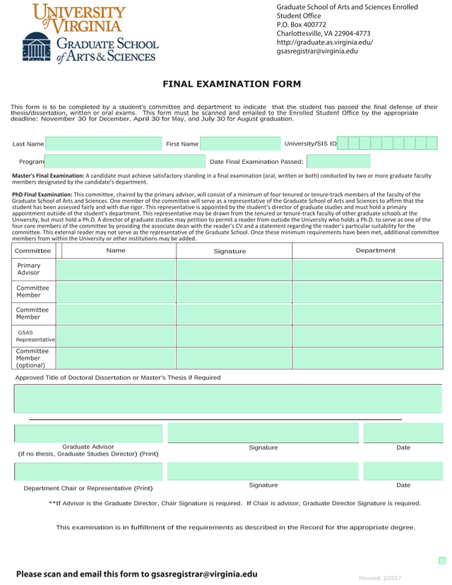 Graduate School Final Examination Form screenshot