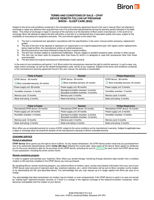 SOM PON 050 F18 Terms And Conditions Of Sale  CPAP Device Remote Follow Up Program screenshot