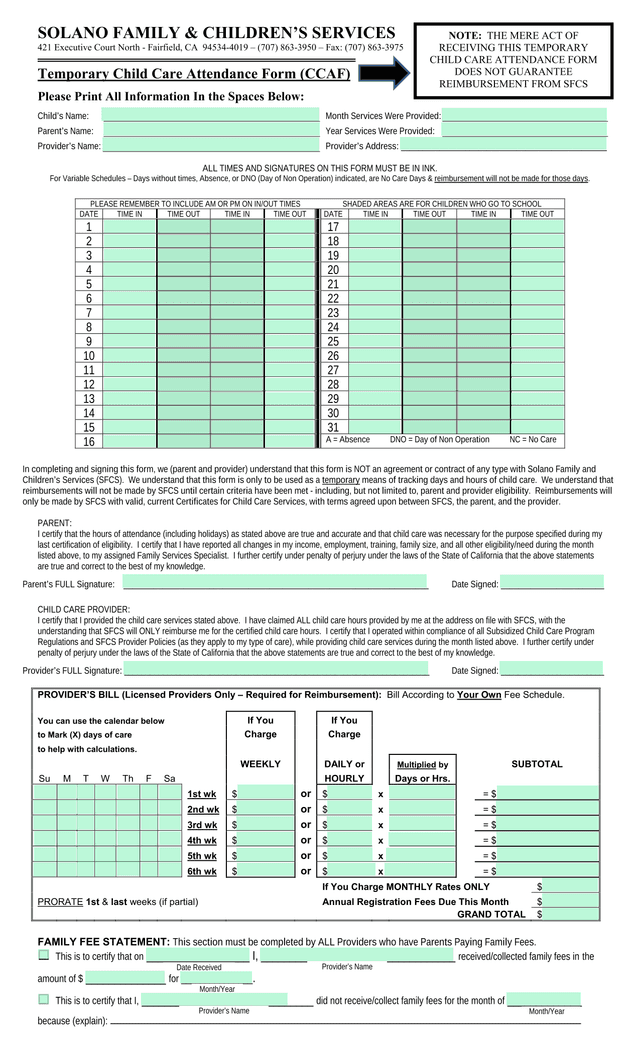 Temporary Child Care Attendance Form (CCAF) screenshot