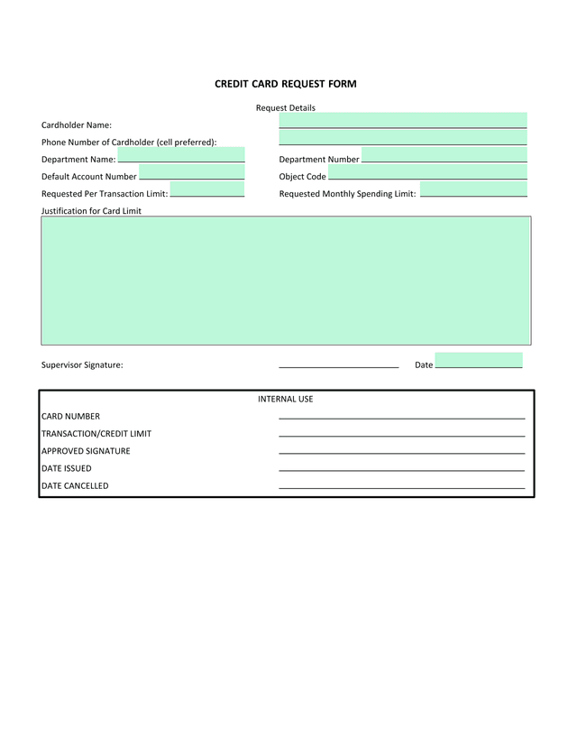 Credit Card Request Form screenshot