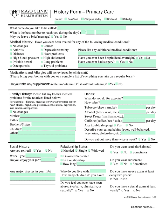 History Form  Primary Care screenshot