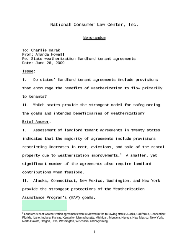 State Weatherization Landlord Tenant Agreements Memorandum screenshot