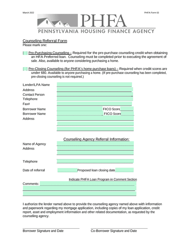 PHFA Form 63 Counseling Referral Form screenshot