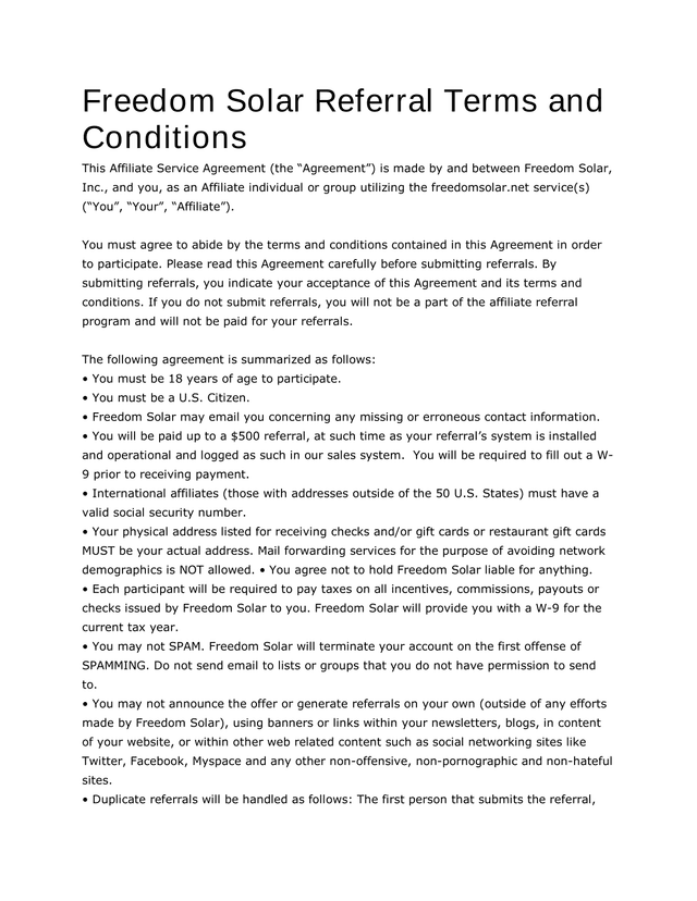 Freedom Solar Referral Terms And Conditions screenshot