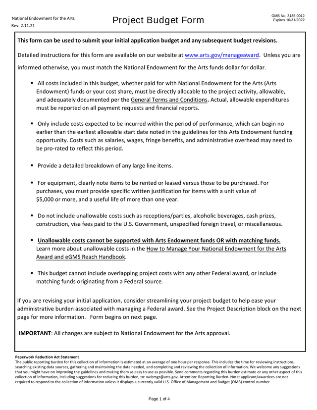 Project Budget Form screenshot