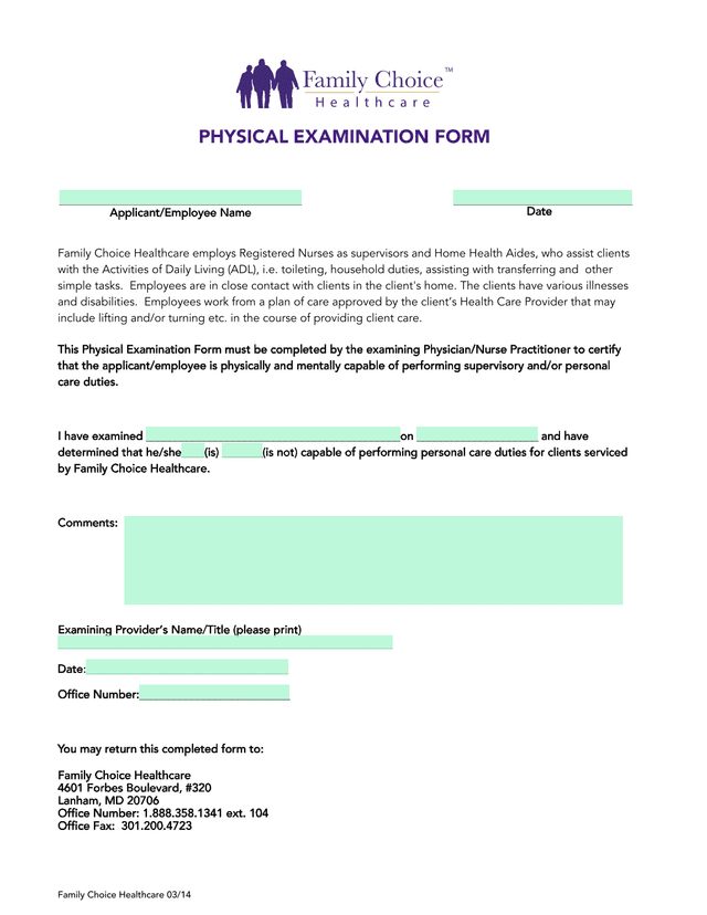 Physical Examination Form screenshot