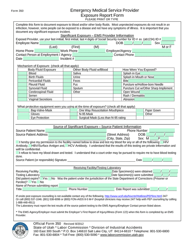 Form 350 Emergency Medical Service Provider Exposure Report Form screenshot