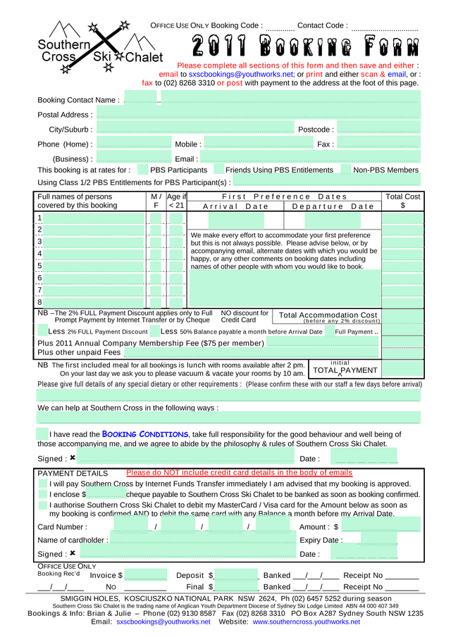 2011 Booking Form screenshot